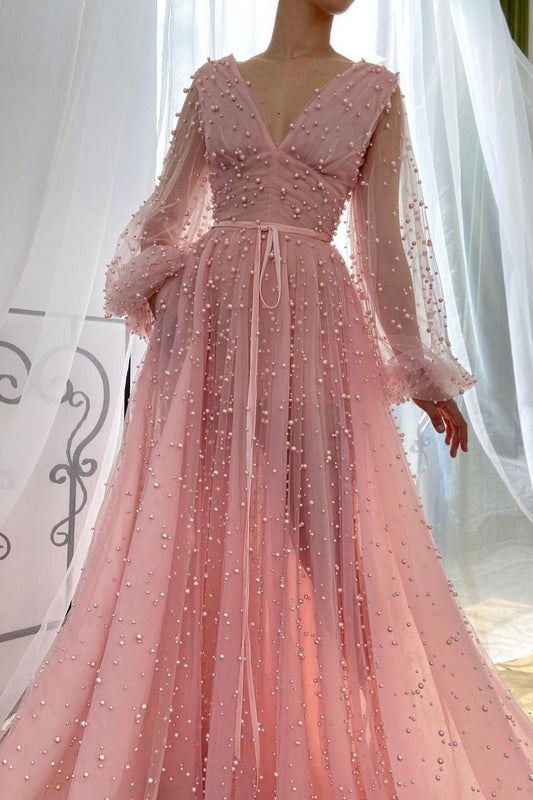 Pink Plunging Neck Long Puffy Sleeves Evening Dress With Pearl Beaded Tulle