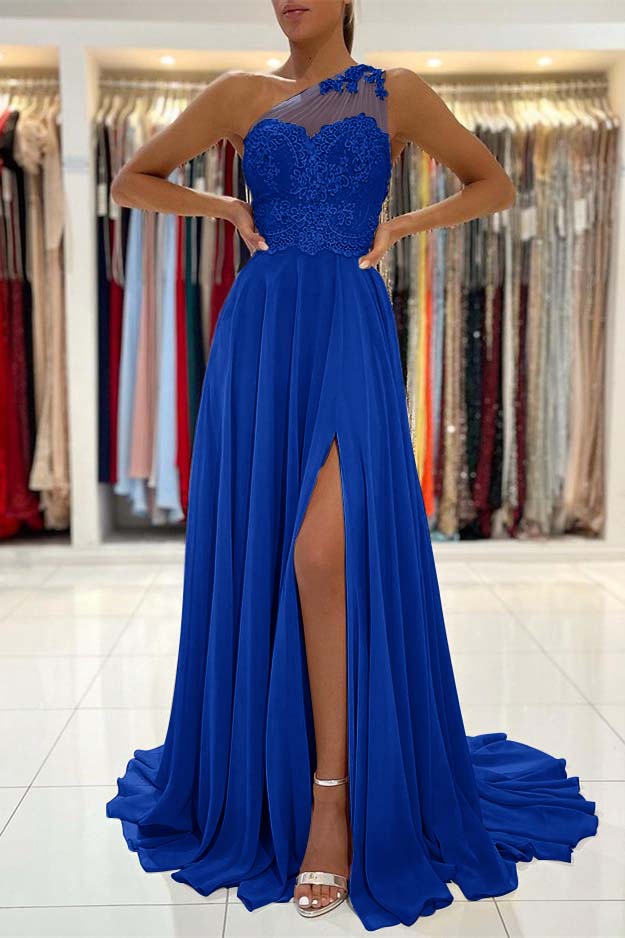 Glamorous One Shoulder Lace Appliques Prom Dress Front Slit