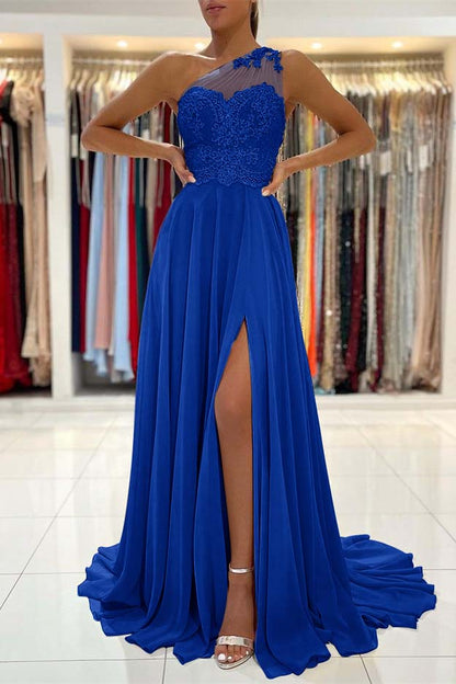Glamorous One Shoulder Lace Appliques Prom Dress Front Slit