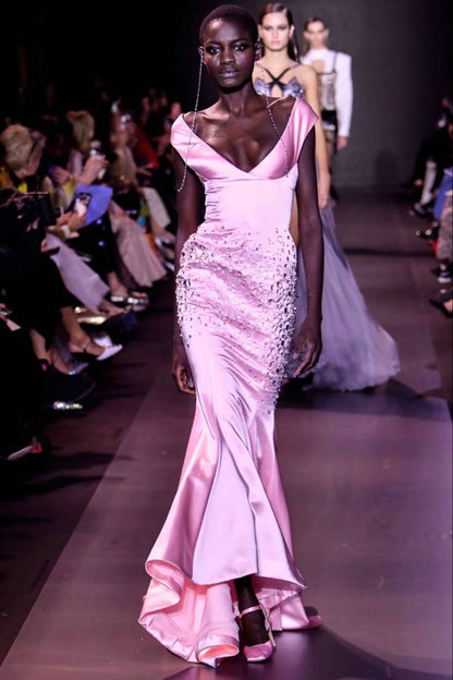 Pink Classy Mermaid Off the Shoulder Rhinestone Satin Long Prom Dress Evening Dress SH3452