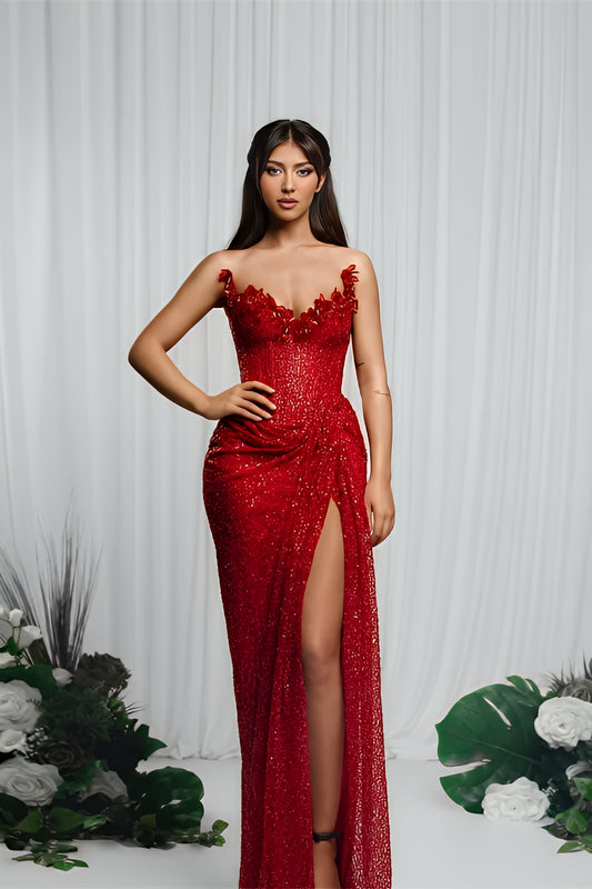 Red Sleeveless Strapless V-Neck Prom Dress With Sequins