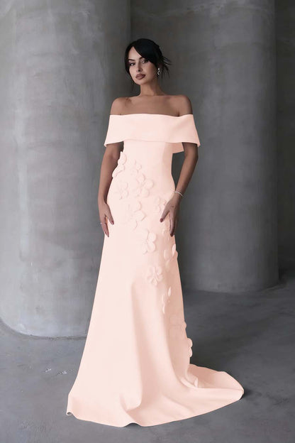 Sleeveless Off-Shoulders Prom Dress With Handmade Flower