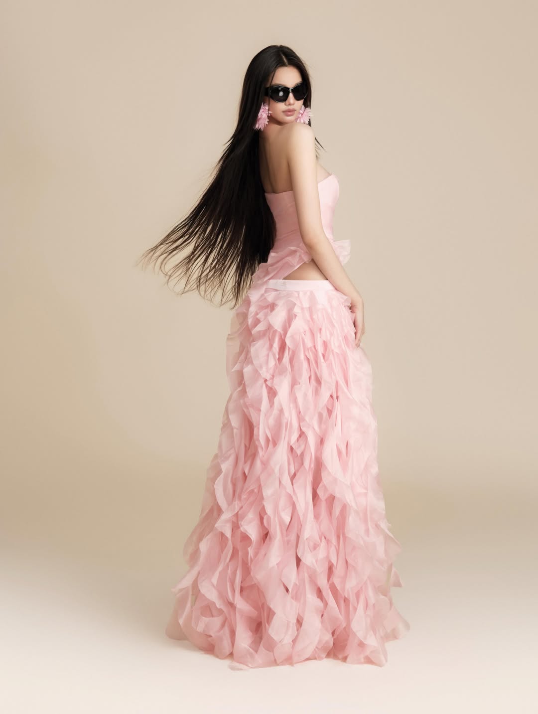 Chic Pink Sleeveless Square Strapless Evening Dress With Ruffles