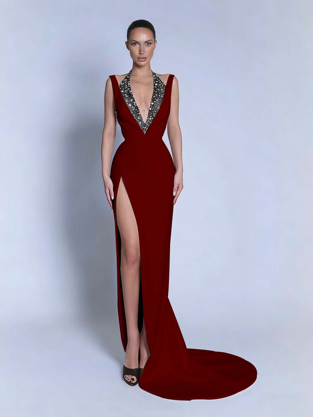 Black Sleeveless Slit Halter Straps Prom Dress With Beads