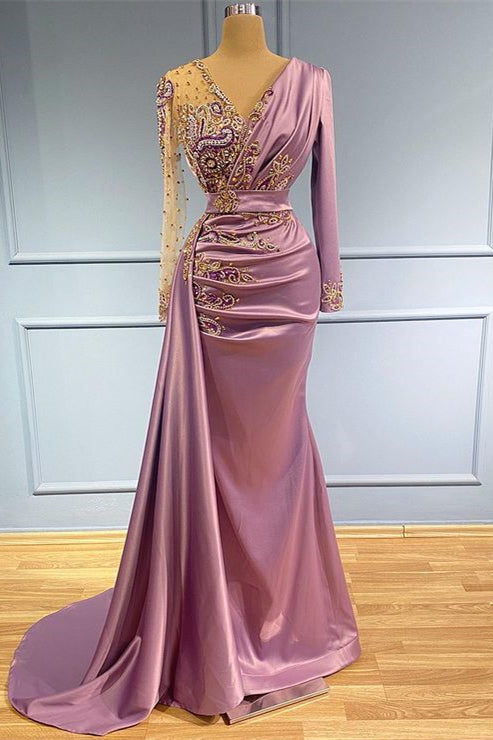 Long Sleeves Beadings Prom Dress V Neck Mermaid