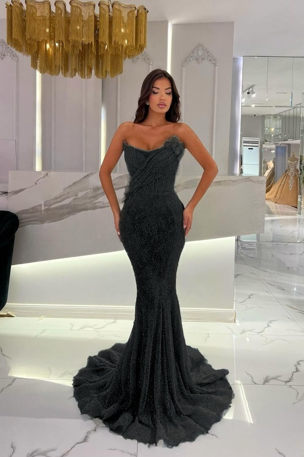 Gorgeous Strapless Sequins Mermaid Prom Dress With 3D-Blumen