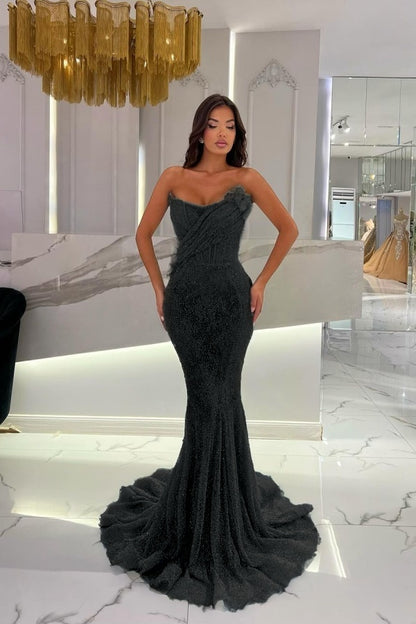 Gorgeous Strapless Sequins Mermaid Prom Dress With 3D-Blumen