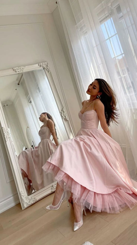 Cute A Line Spaghetti Strap Light Pink Tulle Satin Prom Dress Evening Dress SH2366