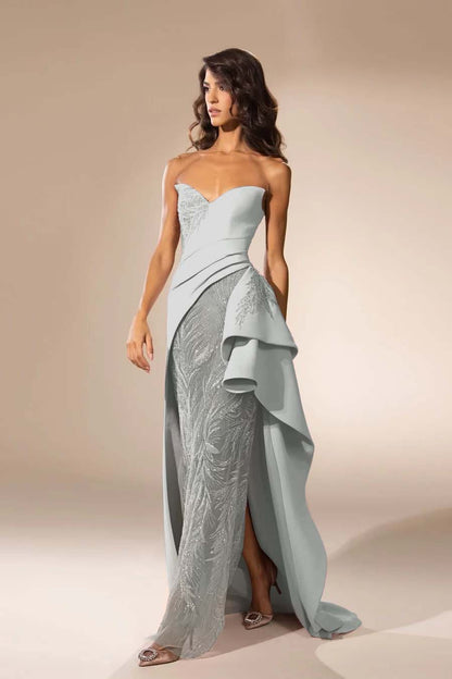Sleeveless Strapless V Neck Embroidery Long Prom Dress With Slit