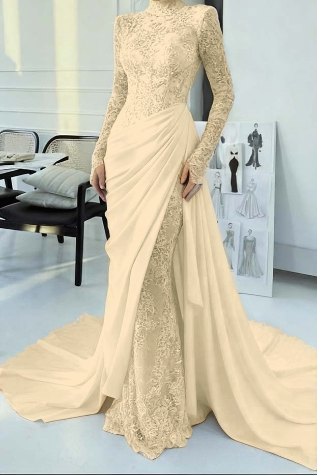 Glamorous Lace Burgundy High Neck Long Sleeves Evening Dress With Appliques