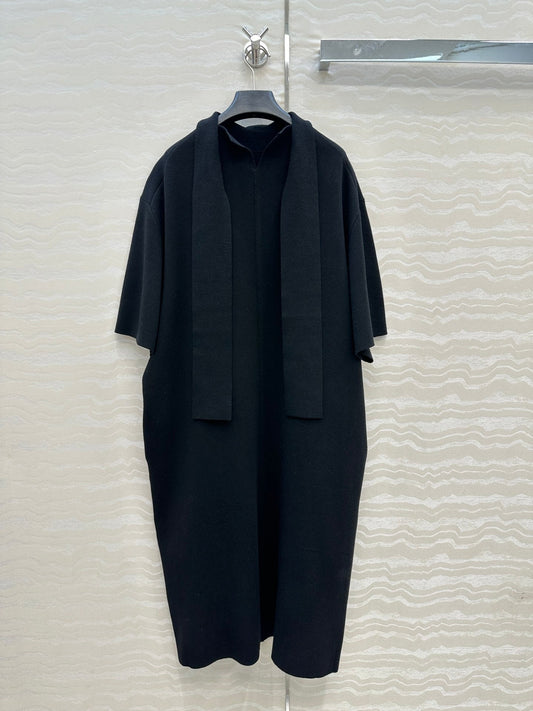 The Row High-End Wool Short-Sleeved Dress With a Ribbon Scarf Black Wool 304588