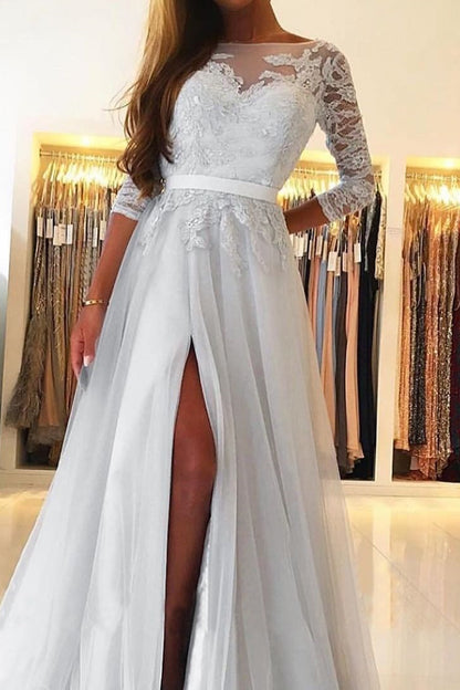 Long Sleeves A-Line Prom Dress Slit With Lace