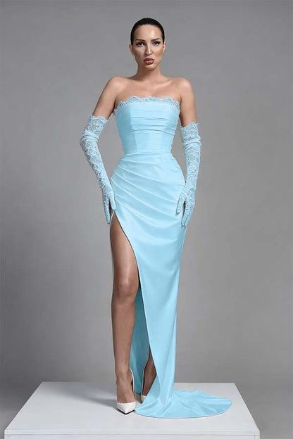 Black Sleeveless Long Split Pleated Evening Dress With Long Gloves