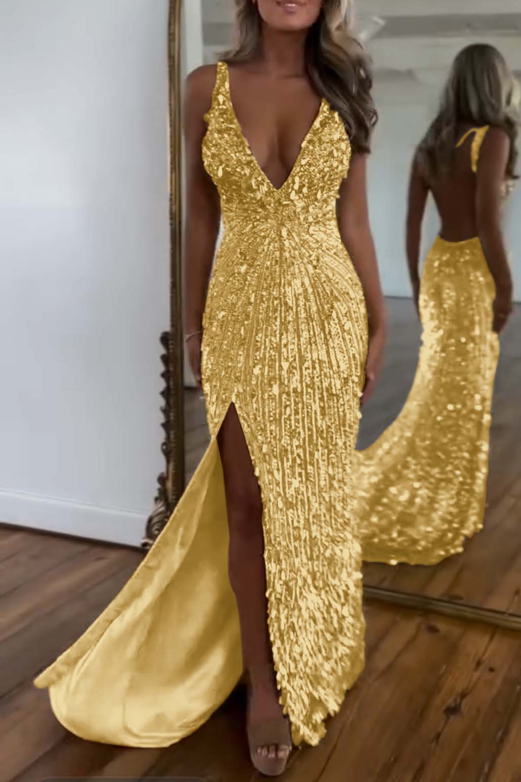 Charming Gold Sequins Spaghetti Strap Sleeveless V Neck Long Prom Dress with Split