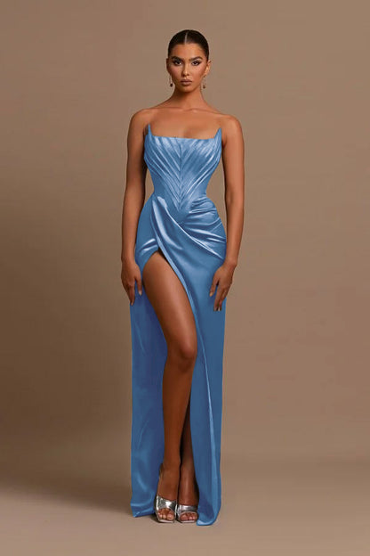 Elegant Dark Green Square Neck Slit Sleeveless Prom Dress With Pleats