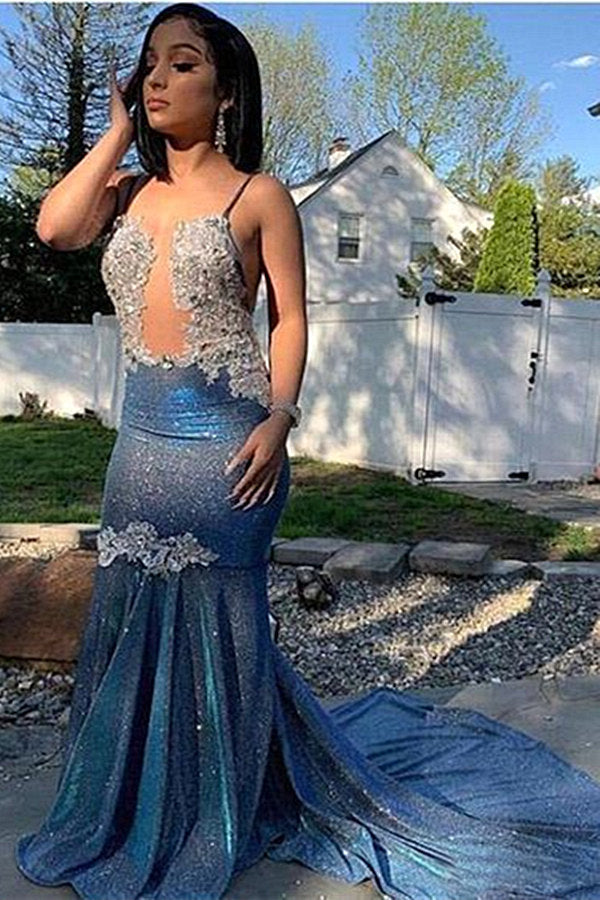 Blue Spaghetti-Straps Prom Dress Mermaid Long With Sequins