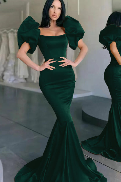 Yellow Square Bubble Sleeves Mermaid Long Prom Dress