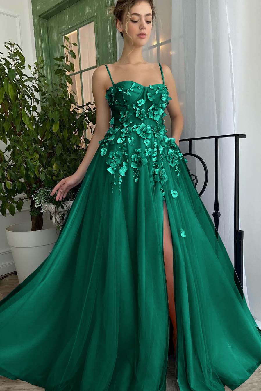 Baby Blue Sweetheart Flowers Appliques Spaghetti Strap Prom Dress Side Split