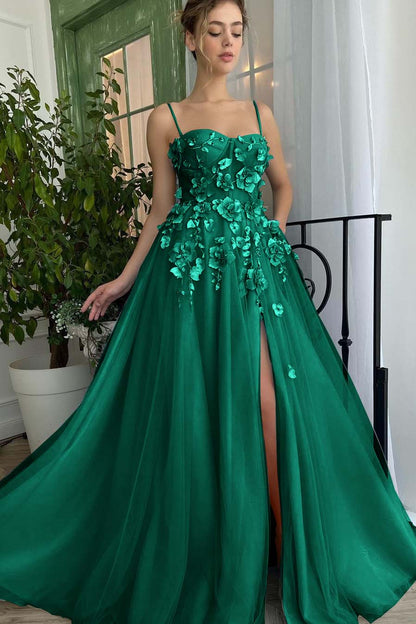Baby Blue Sweetheart Flowers Appliques Spaghetti Strap Prom Dress Side Split