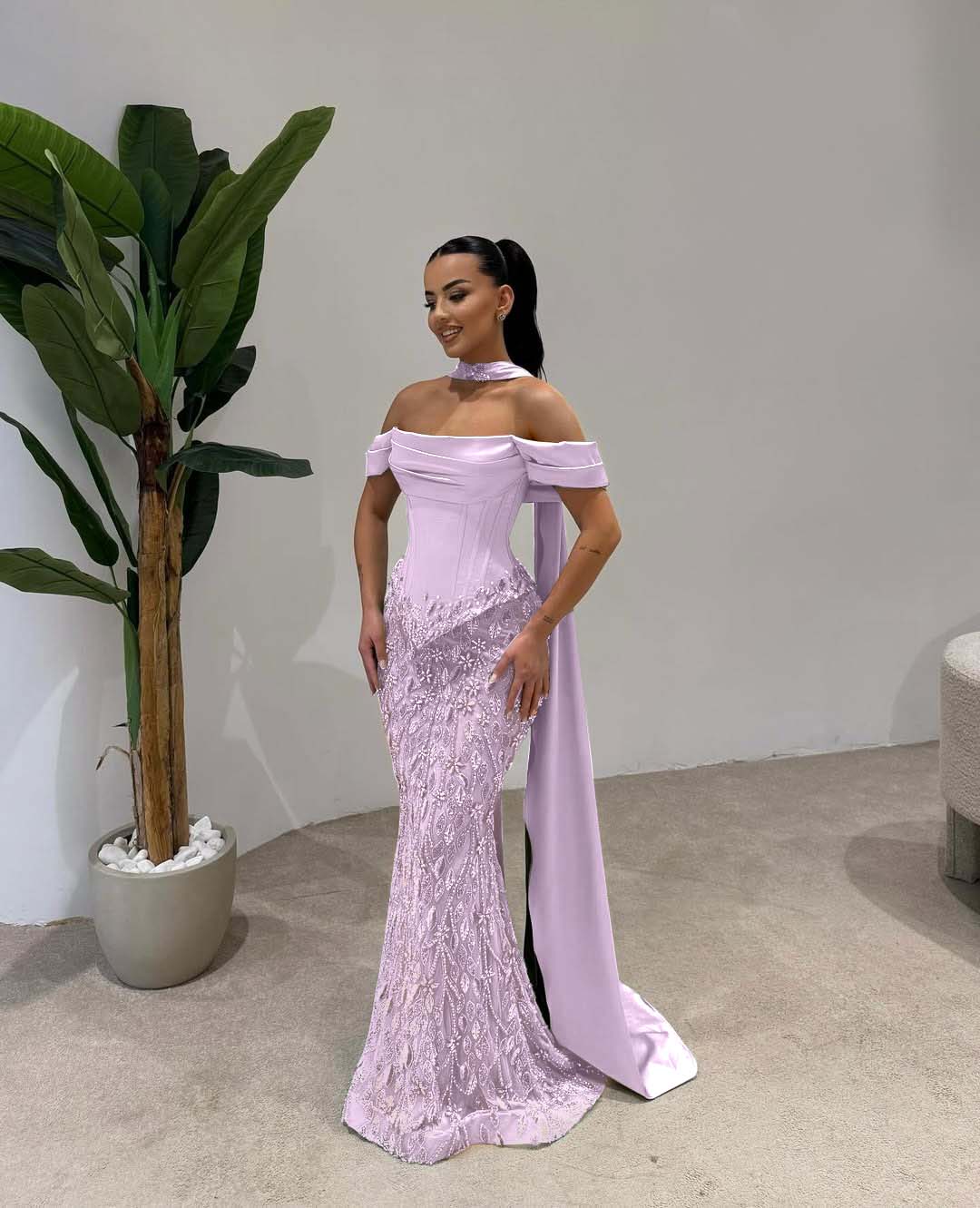 Off Shoulder Beads Mermaid Square Prom Dress With Scarf