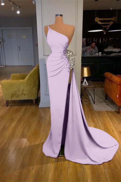 Spaghetti-strap Sequins One Shoulder Mermaid Prom Dress With Split