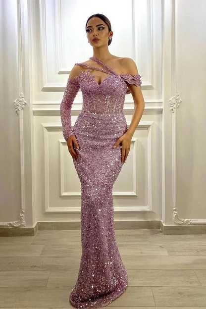 Gorgeous Long Sleeves Lavender Sequins Prom Dress Mermaid