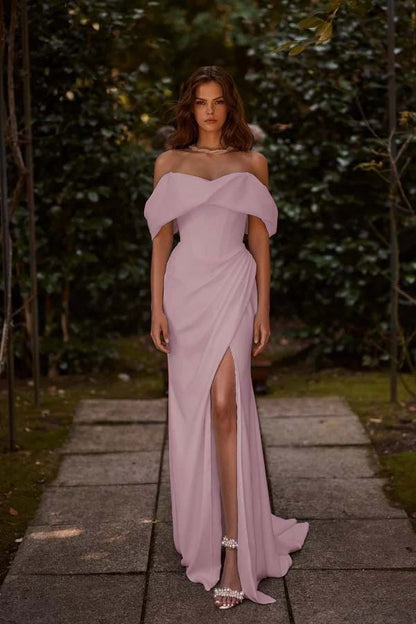 White Off-the-Shoulder Long Prom Dress Split with hand sleeve