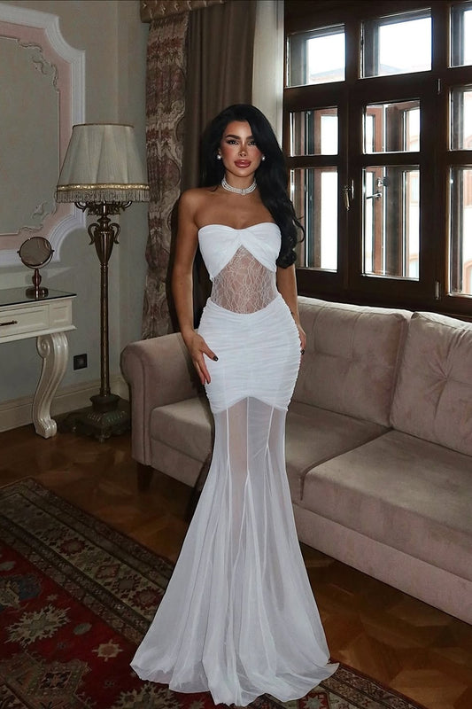 White Sleeveless Strapless V Neck Mermaid Long Prom Dress