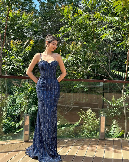 Sleeveless Beads Spaghetti Straps Sweetheart Mermaid Prom Dress