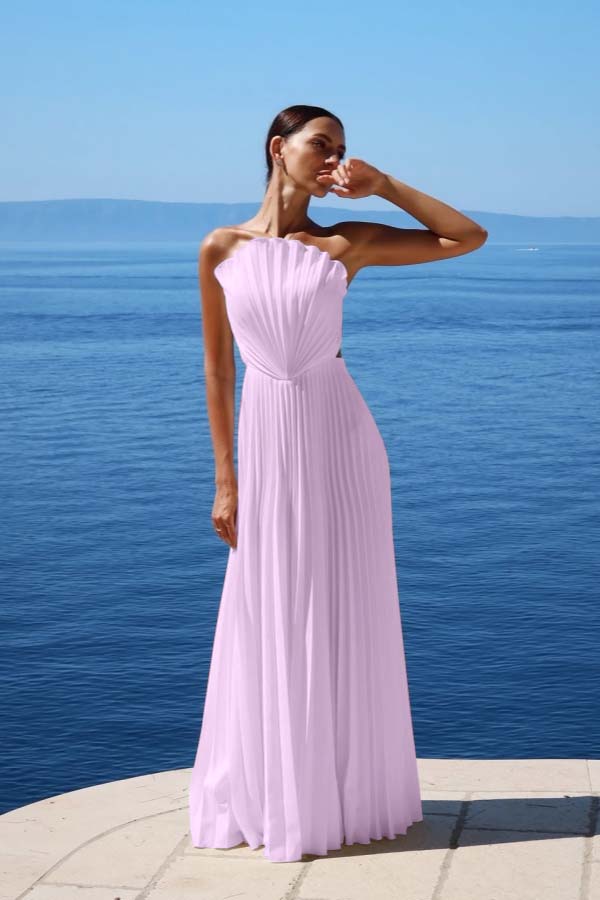 Simple White Sleeveless Strapless Long Prom Dress With Pleated