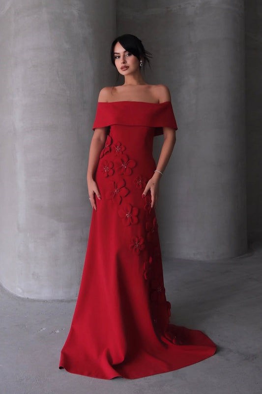 Sleeveless Off-Shoulders Prom Dress With Handmade Flower