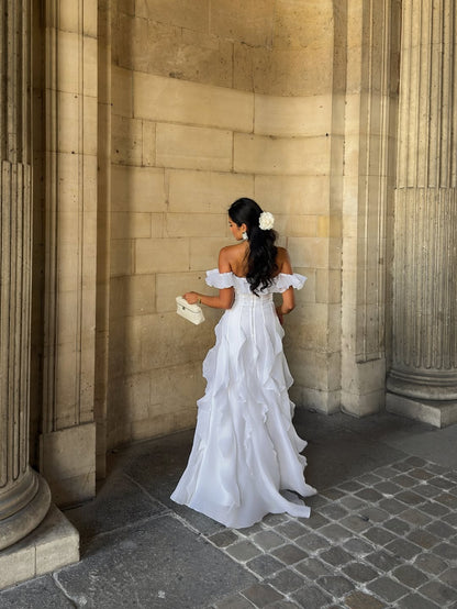 White Sleeveless Off Shoulder Pleated Irregular Prom Dress