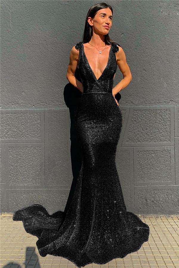 Deep V-Neck  Mermaid Prom Dress Open Back Sequins