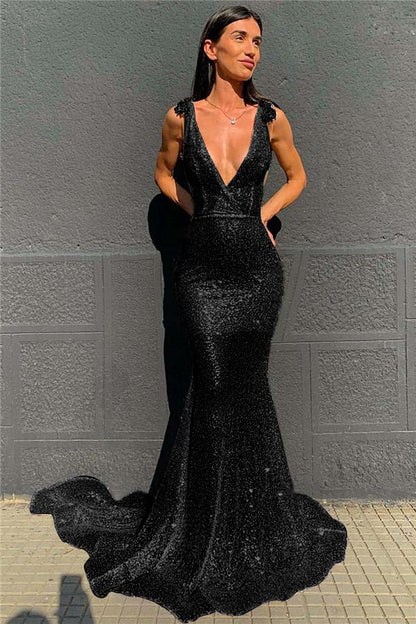 Deep V-Neck  Mermaid Prom Dress Open Back Sequins