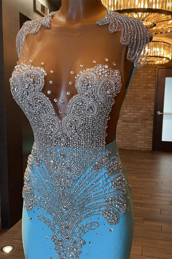 Sleeveless Blue Popular Mermaid Prom Dress Appliques With Beads