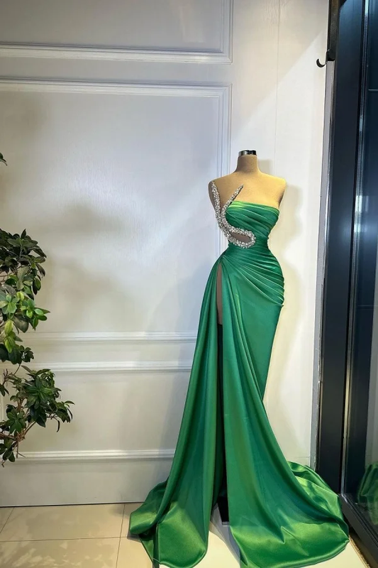 Green Strapless Pleated Long Beaded High Split Prom Dress
