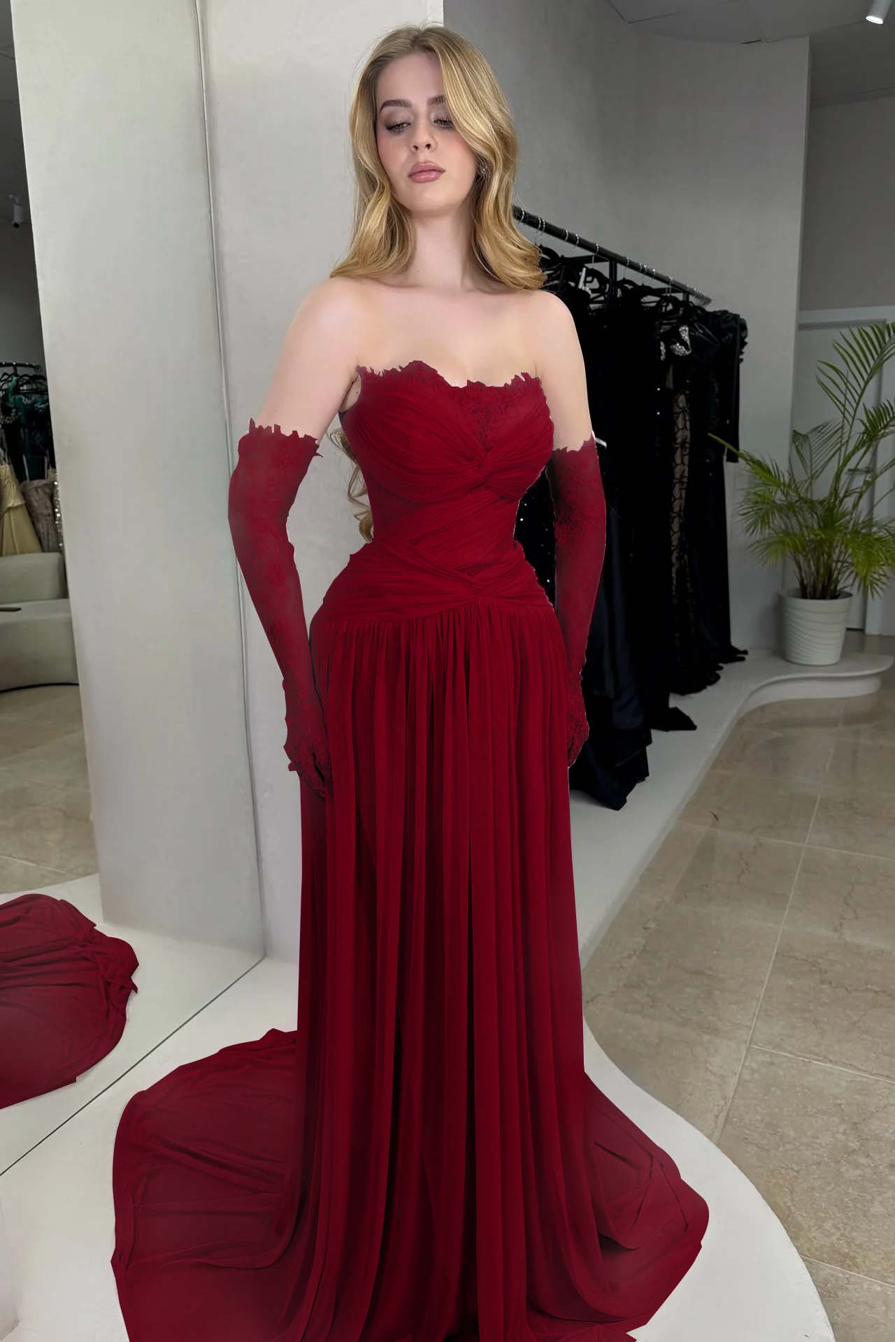 Lilac Strapless Fitted Evening Dress in Chiffon Pleated With Lace
