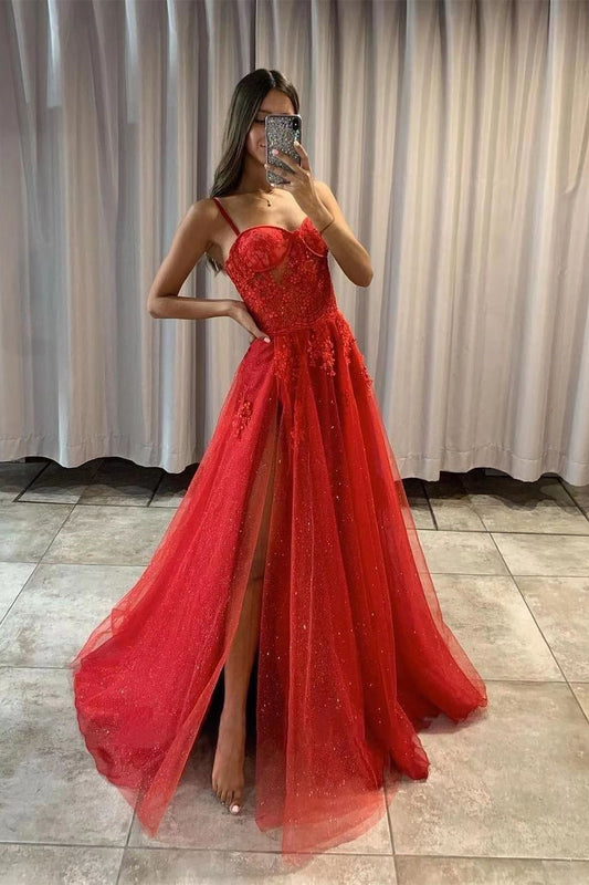 Red Spaghetti-Strap Sweetheart Slit Sequins Prom Dress With Tulle