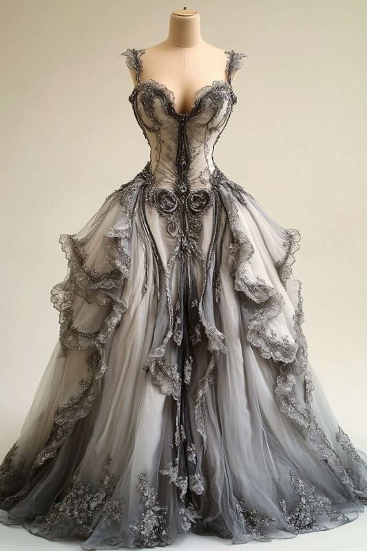 Grey V-neck Lace Tulle Long Ball Gown, Vintage Formal Dress ED01232