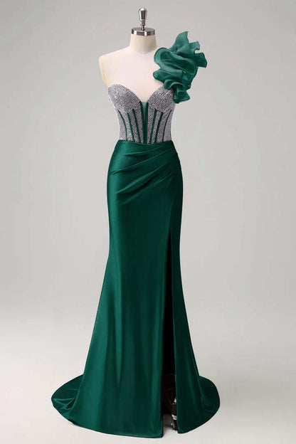 Strapless Handmade Flower Backless Mermaid Slit Prom Dress With Beading