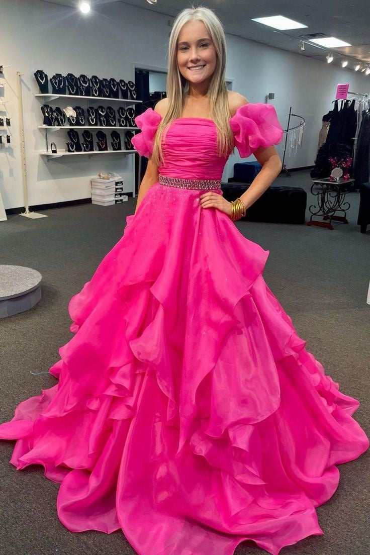 A-Line Beaded Empire Square Short Sleeves Tiered Party Prom Dress
