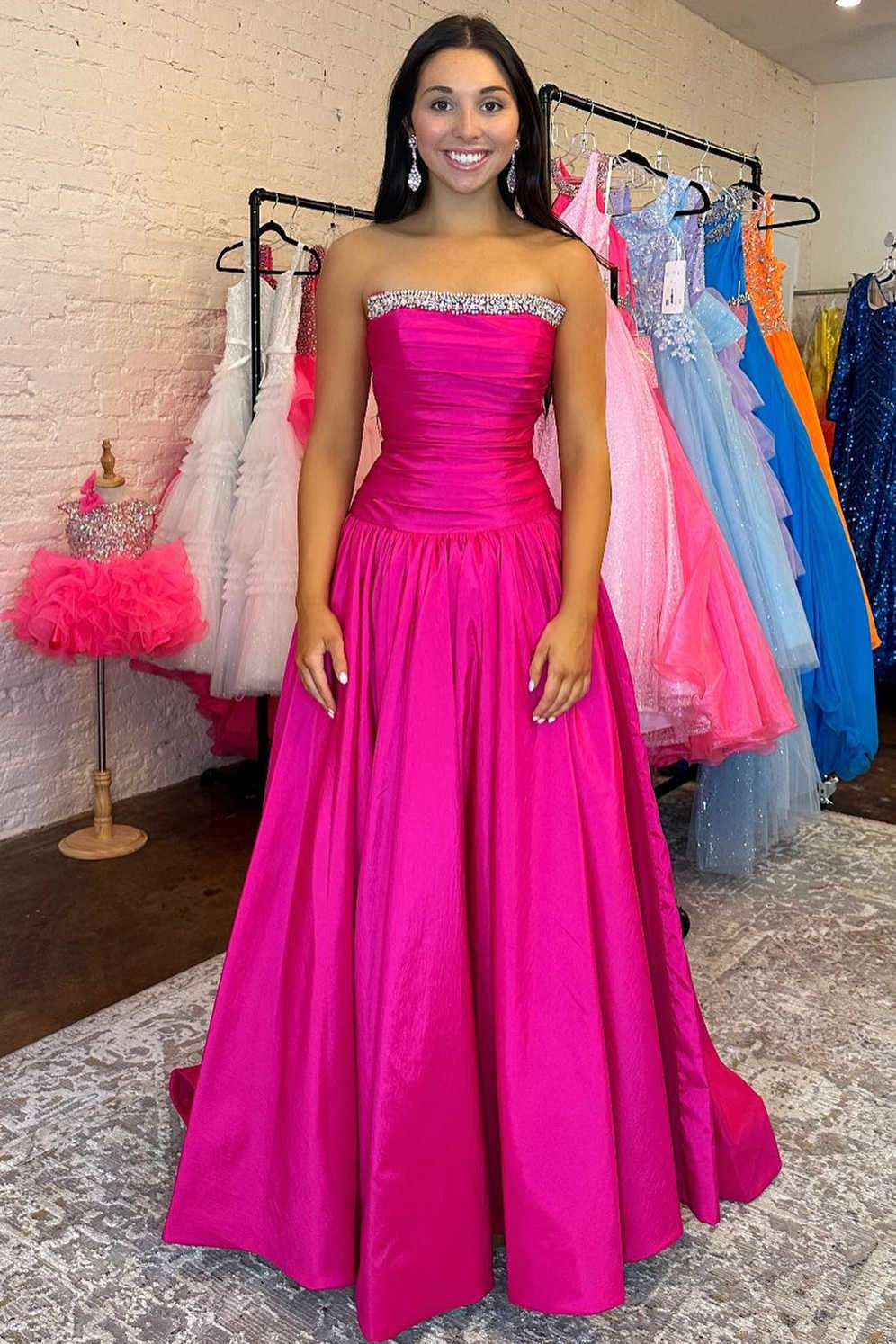 A-Line Empire Ruched Beaded Strapless Long Party Prom Dress