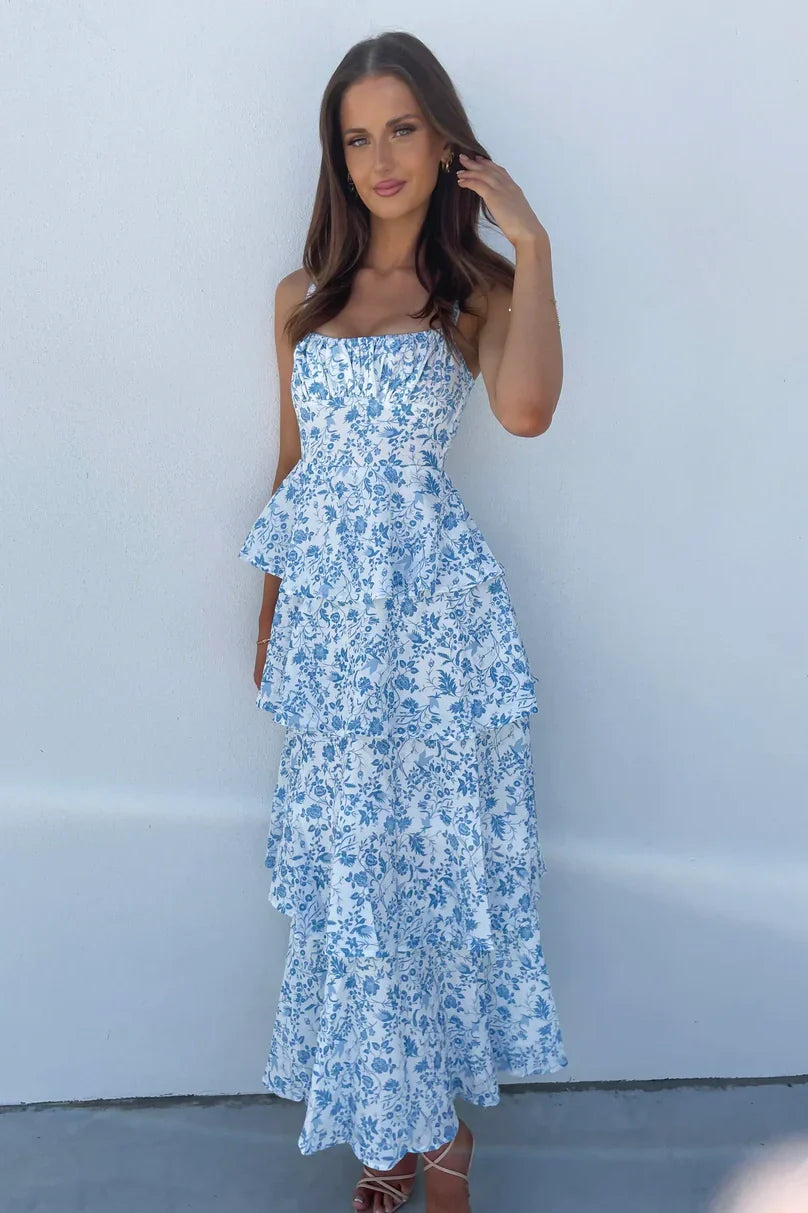 A-Line Empire Sleeveless Floral Appliques Tiered Party Prom Dress