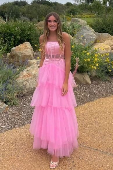 A-Line Empire Spaghetti Straps Tulle Tiered Party Prom Dress