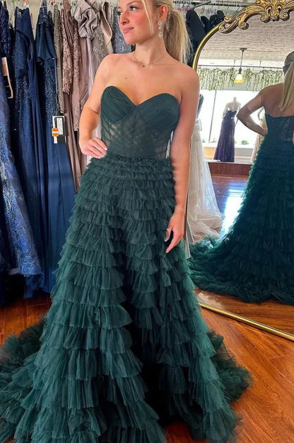 A-Line Empire Sweetheart Strapless Tiered Tulle Party Prom Dress