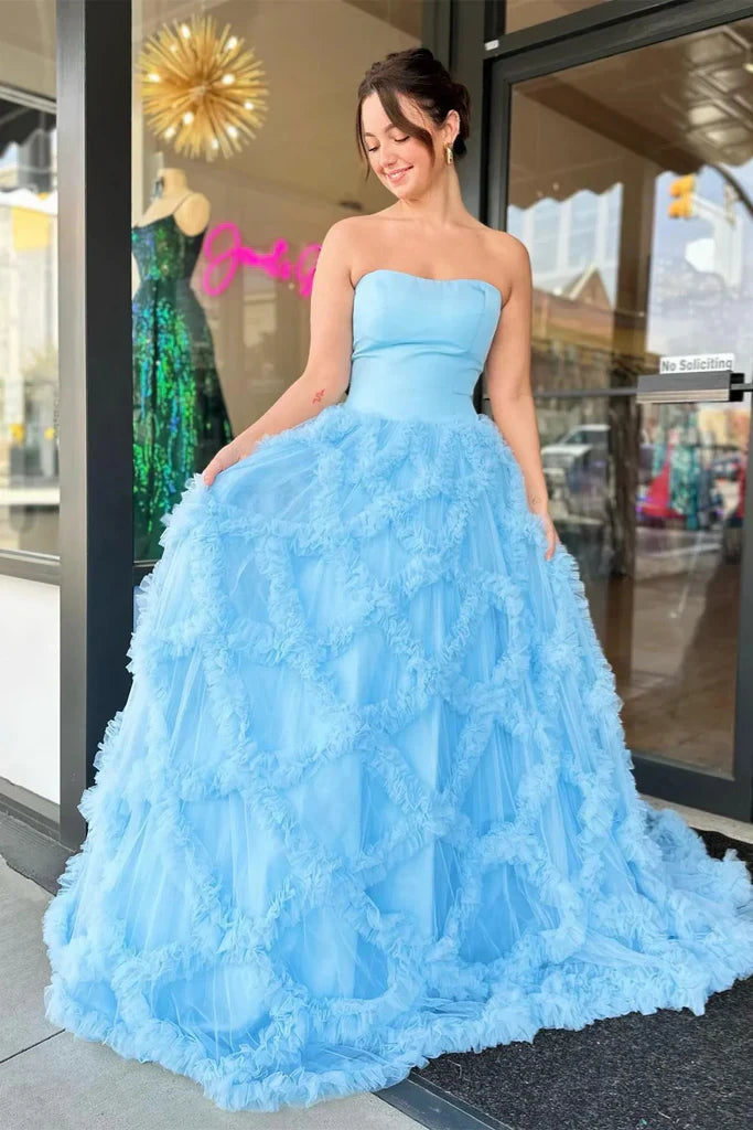 A-Line Empire Two Tone Ruffled Strapless Party Prom Dress
