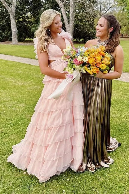 A-Line Low V-Neck Ruffled Straps Tiered Party Prom Dress