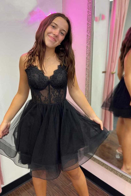 A-Line Sheer Empire Appliques Tulle Party Homecoming Dress