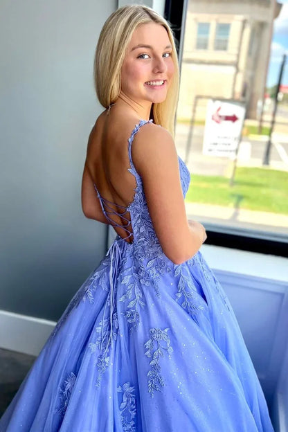 A-Line Sleeveless Lace Appliques Long Party Prom Dress