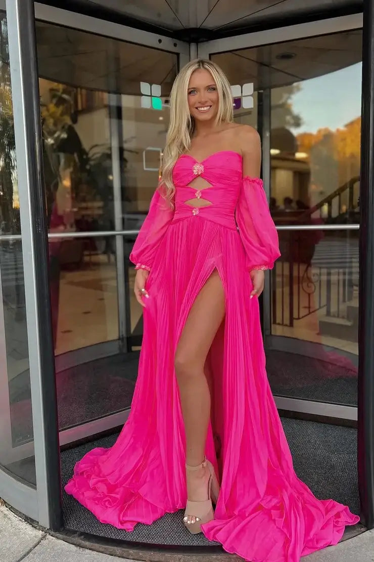 A-Line Sweetheart Sleeves Empire Prom Dress With Slit